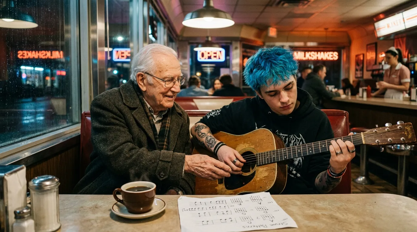 Businessman and blue-haired teenager teaching a young boy to play a cracked ukulele in a diner booth