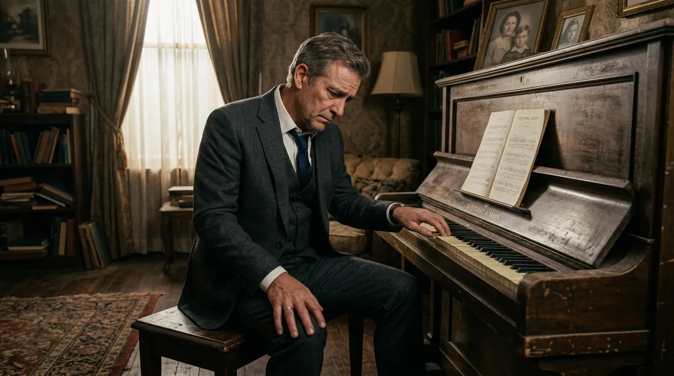 Wealthy businessman sitting alone at an old, scratched upright piano in a dusty living room