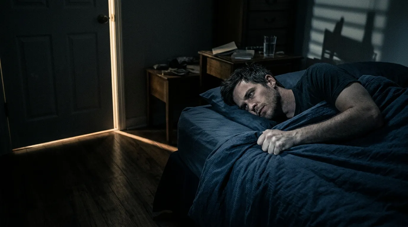 A tense man lying awake in a dark bedroom, pretending to sleep while watching the door