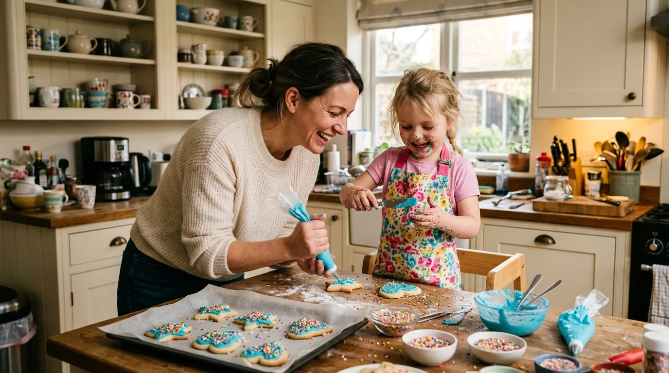 A woman and a young girl decorating messy cookies with blue frosting in a lively kitchen