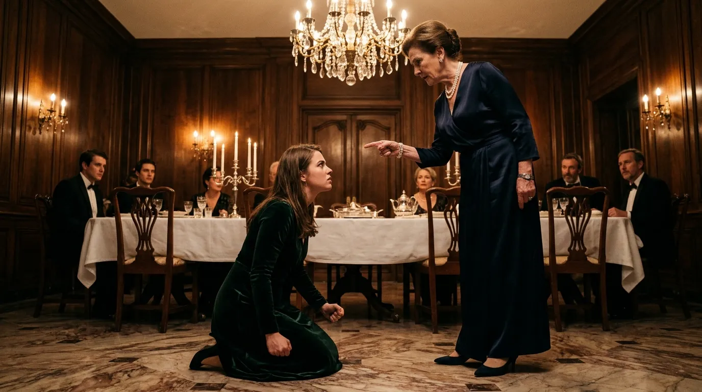 A young woman kneeling on a polished marble floor looking fiercely up at a wealthy older woman pointing at her in a lavish dining room.