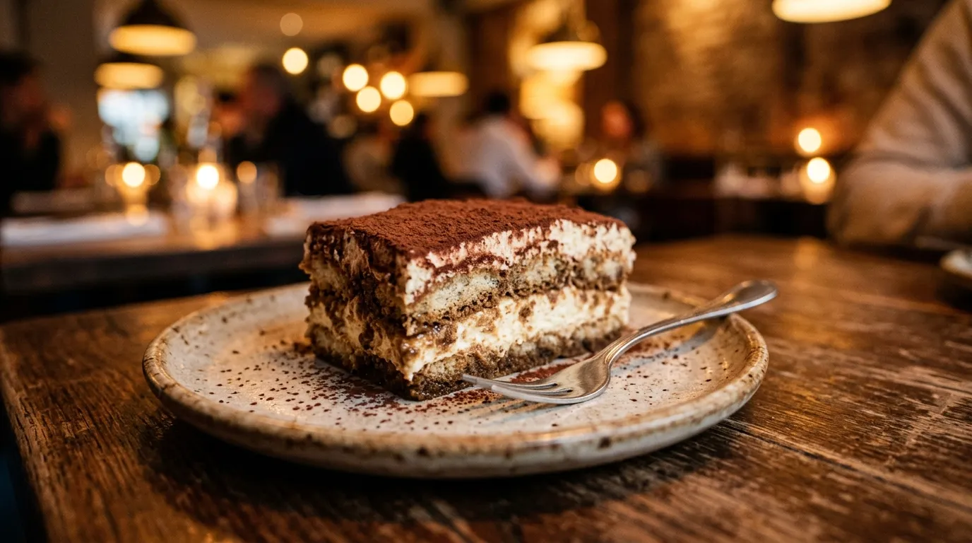 A delicious slice of tiramisu on a rustic plate