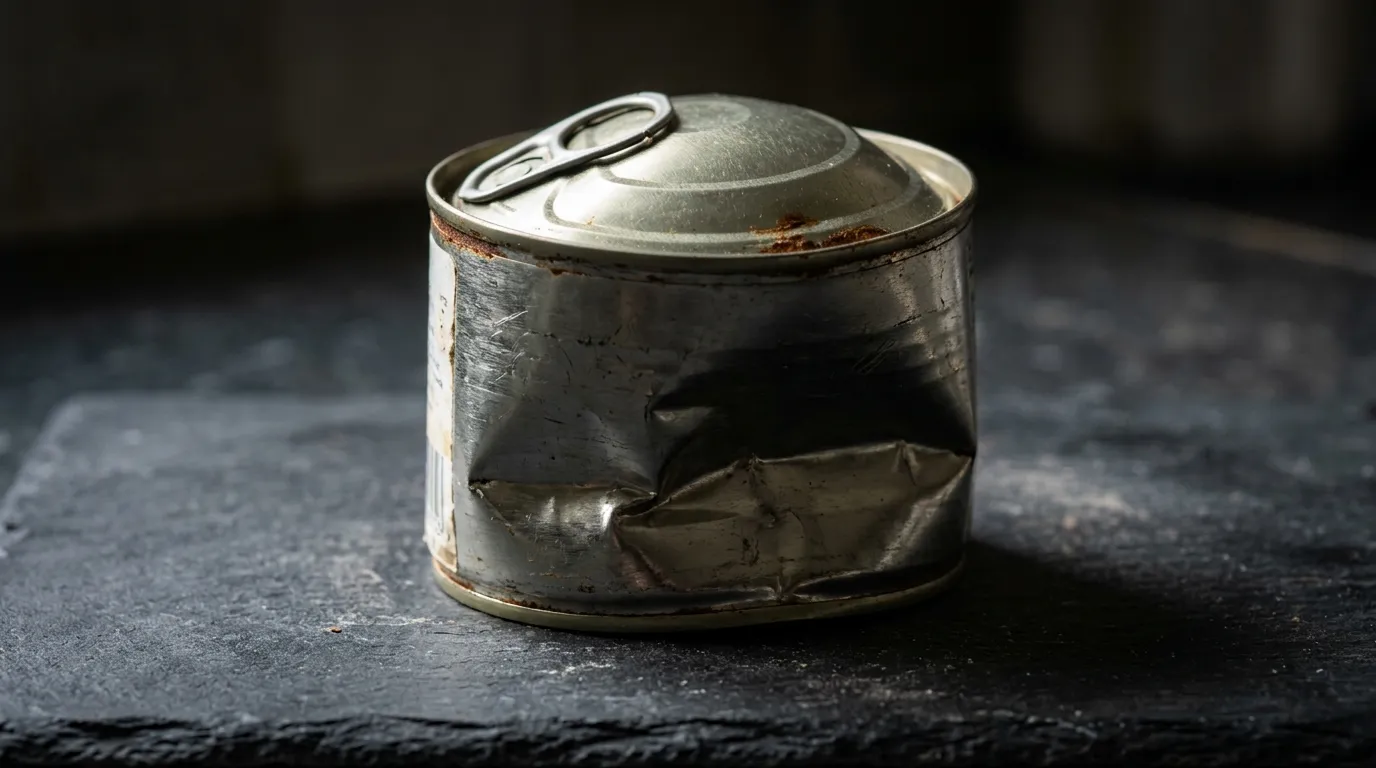 A severely dented tin can with a lid bulging upwards from internal gas pressure.
