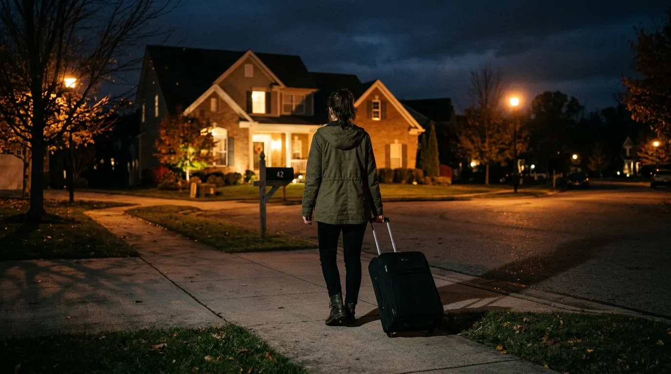 Emily walking away from the house with a suitcase at night
