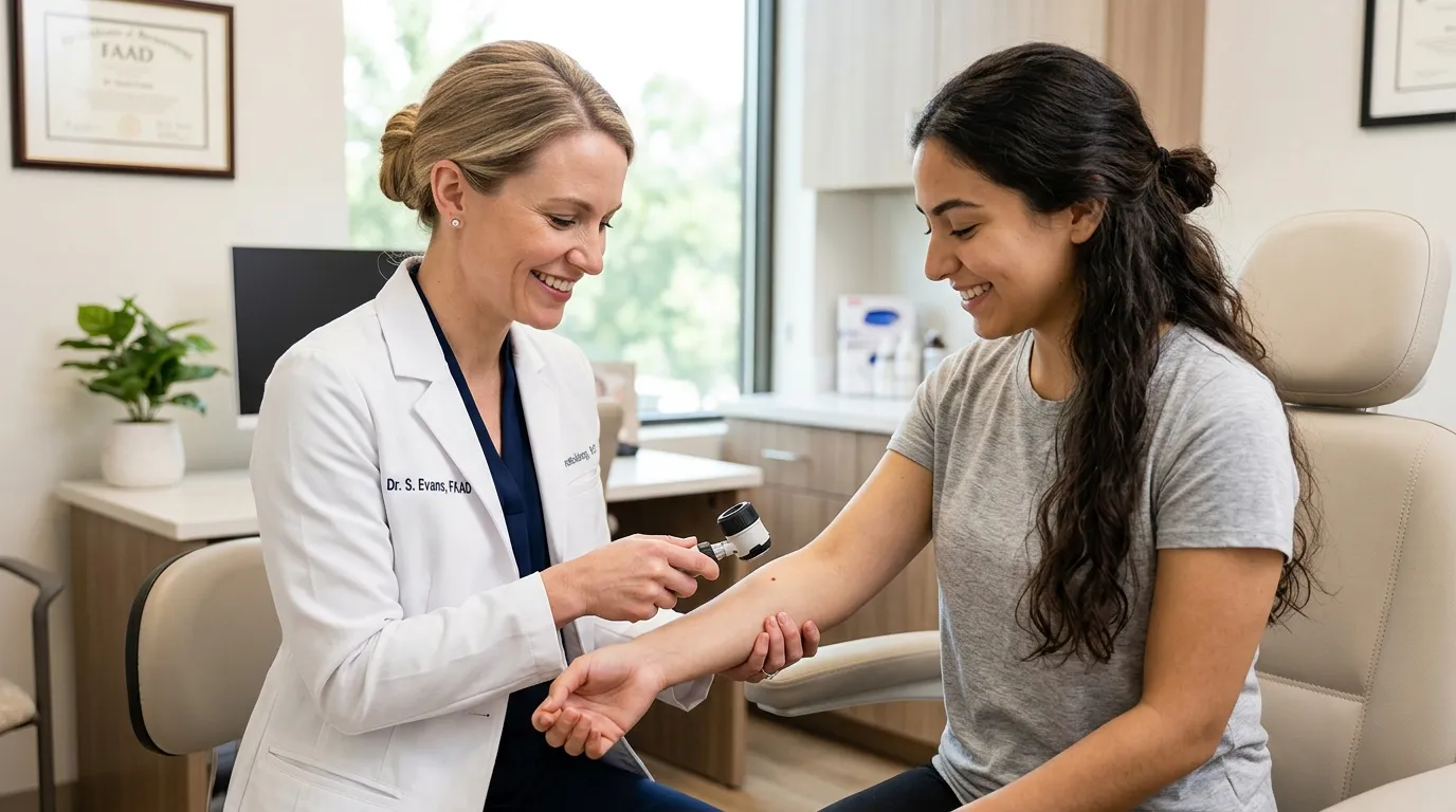 Professional female dermatologist examining a patient's arm