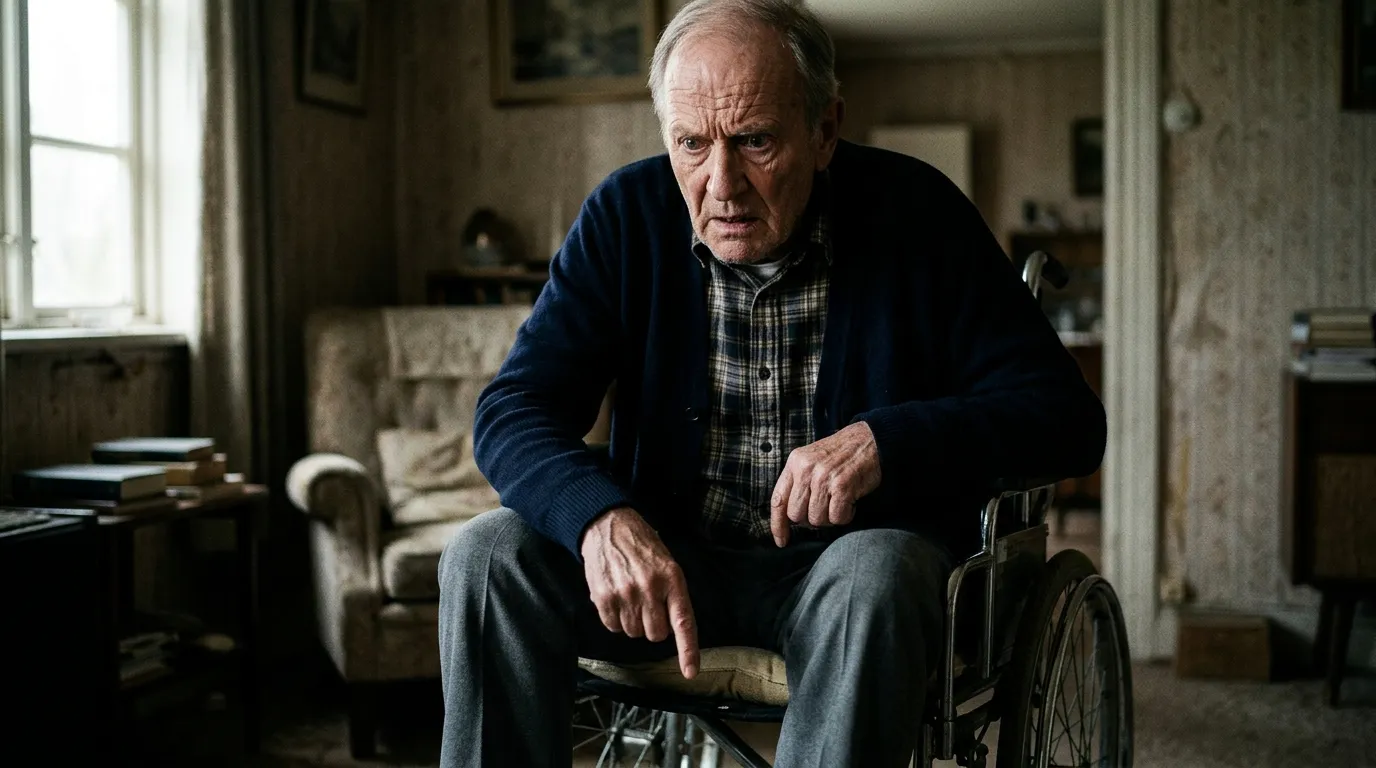 An elderly man in a wheelchair pointing urgently at the floor beneath his seat.