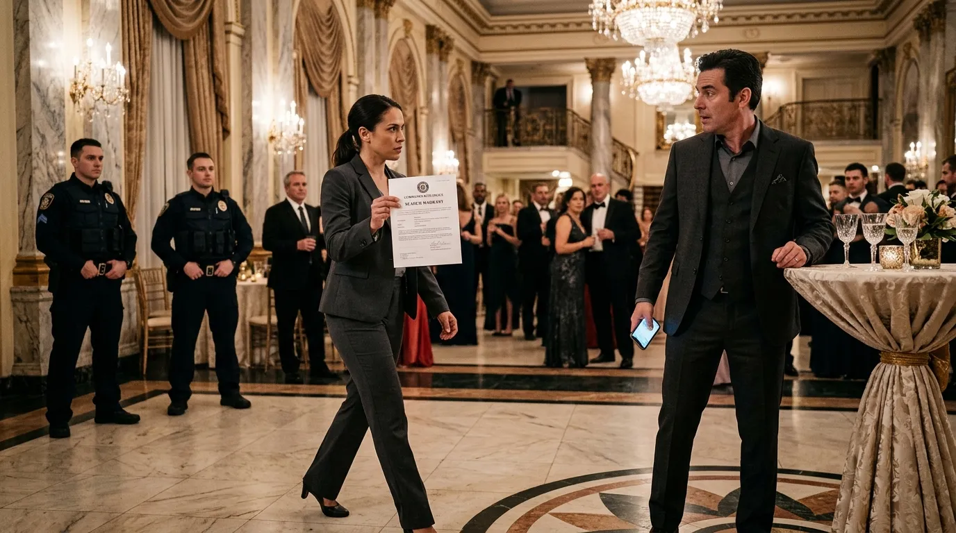 A female detective in a gray suit walking into the ballroom holding a warrant, with officers behind her.