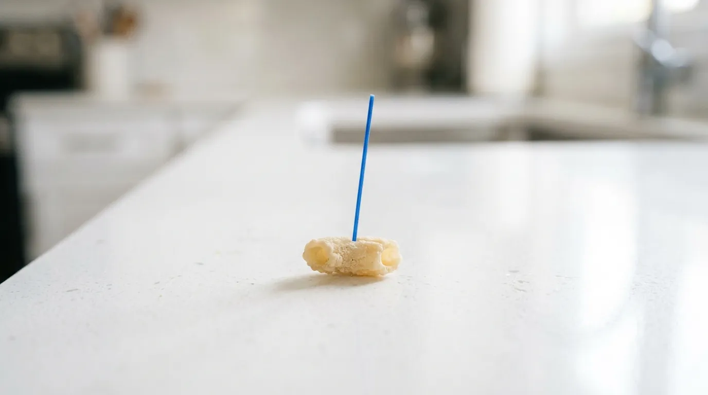 A small, unidentifiable object resting near a bathroom drain in dim lighting