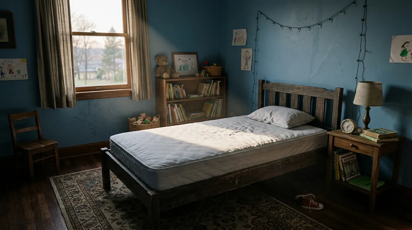 A dimly lit child's bedroom with a bare mattress illuminated by morning light