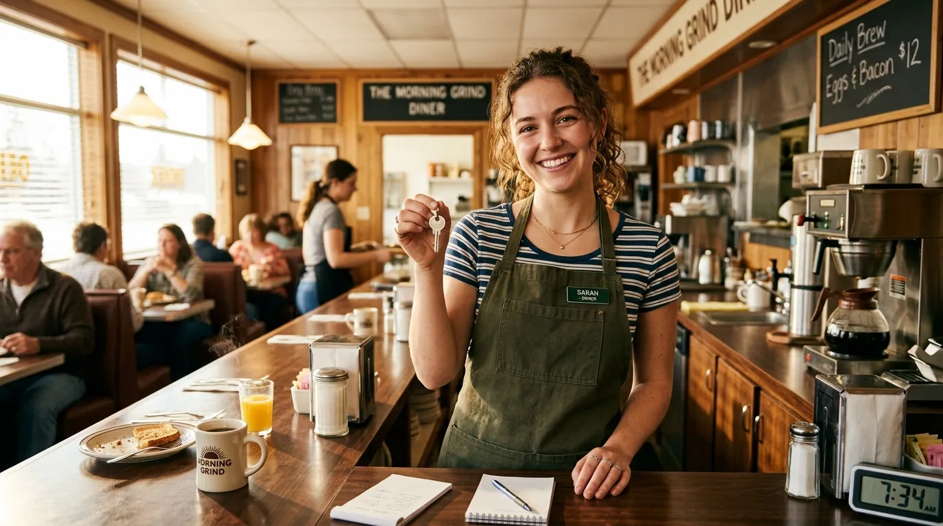 A warm, brightly lit diner counter filled with morning light, featuring a smiling young owner holding a metal key.