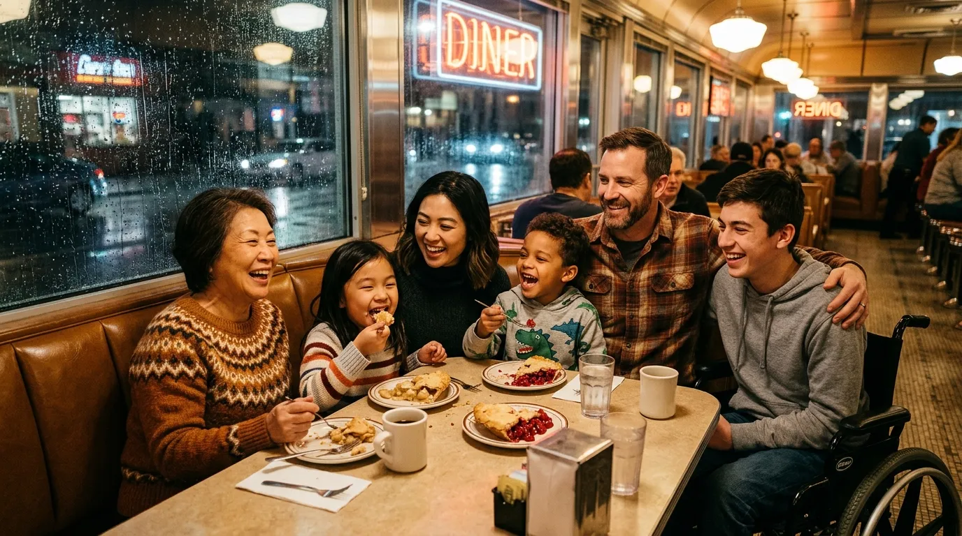 The whole family gathered at Sal's Diner eating pie