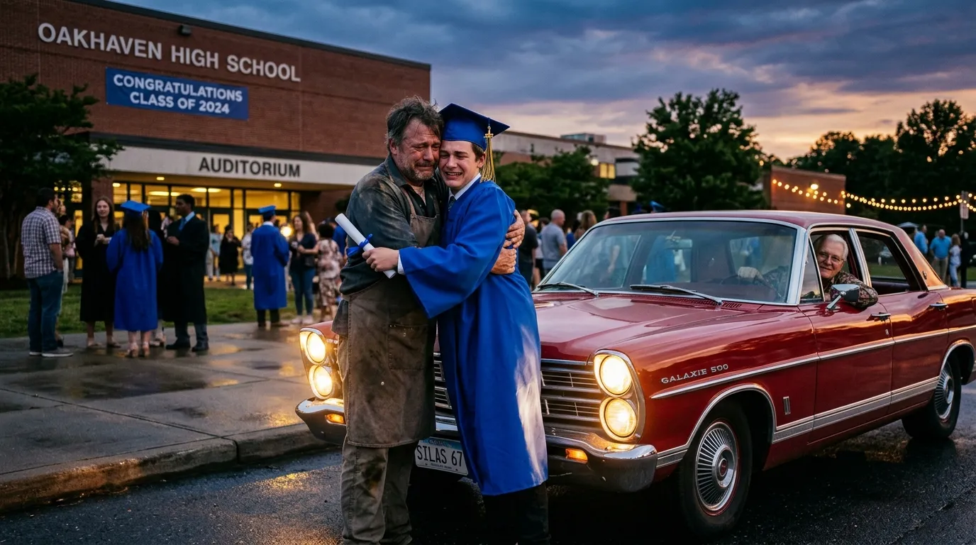 Silas sitting in his car while Kael hugs his son Tobin who is wearing a graduation cap and gown.