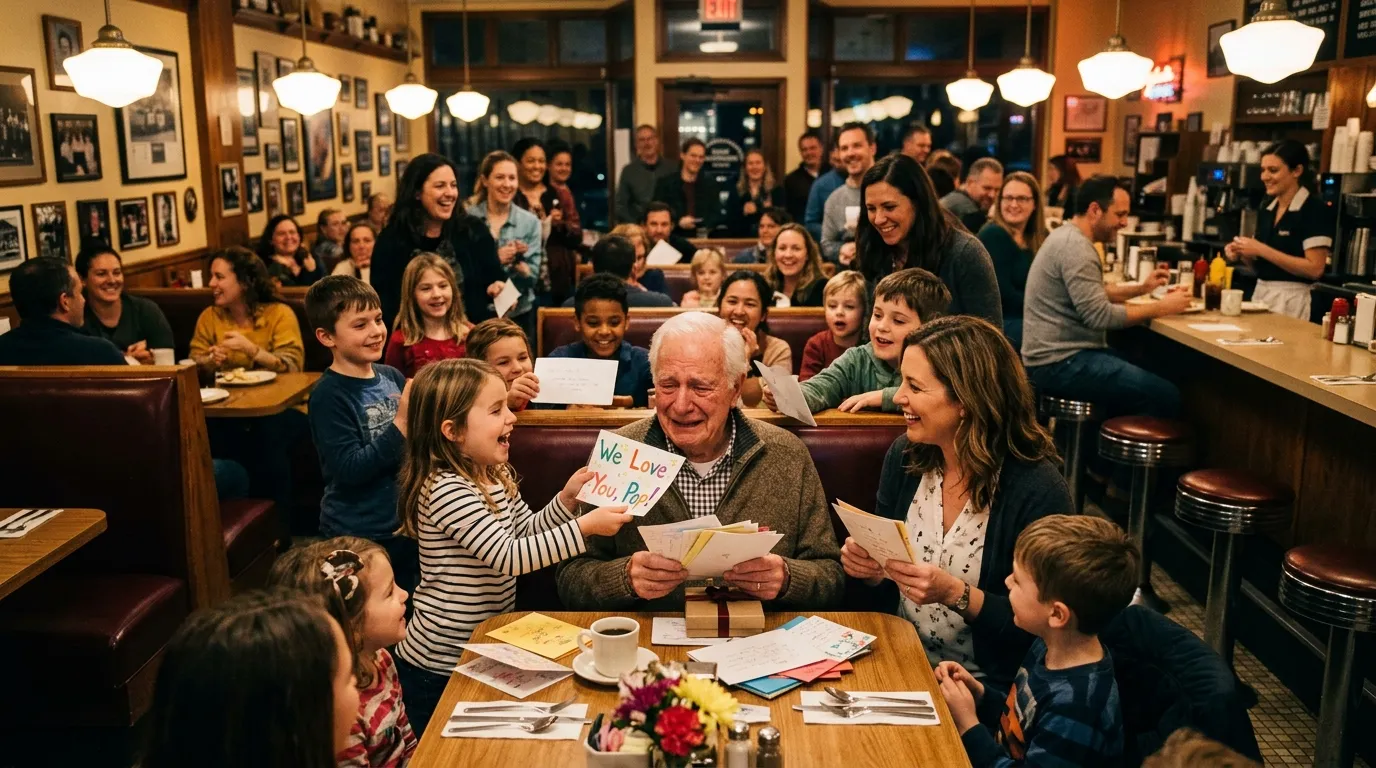 A crowded diner filled with smiling adults and children handing handwritten notes to an emotional elderly man