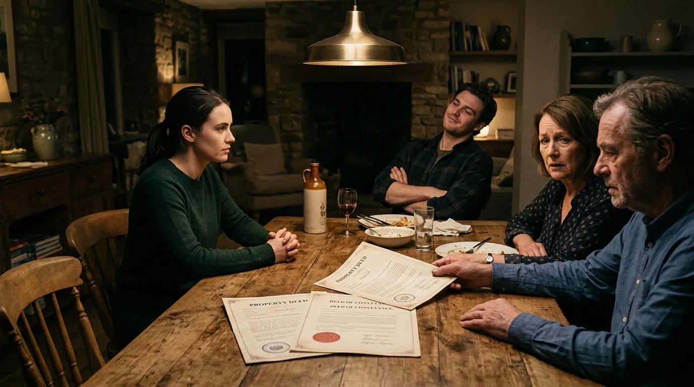 Family sitting around a dining table looking at property deeds