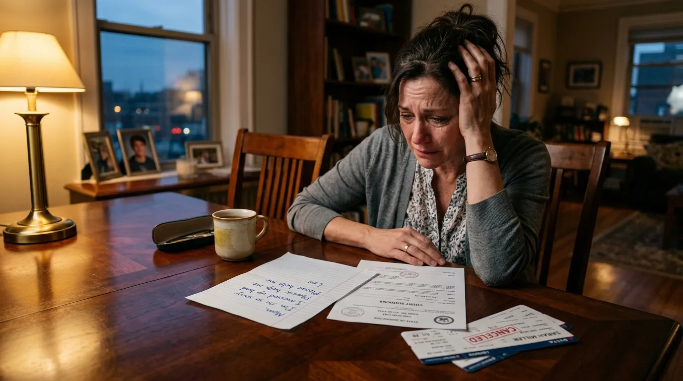 Court summons and canceled vacation tickets on a dining table