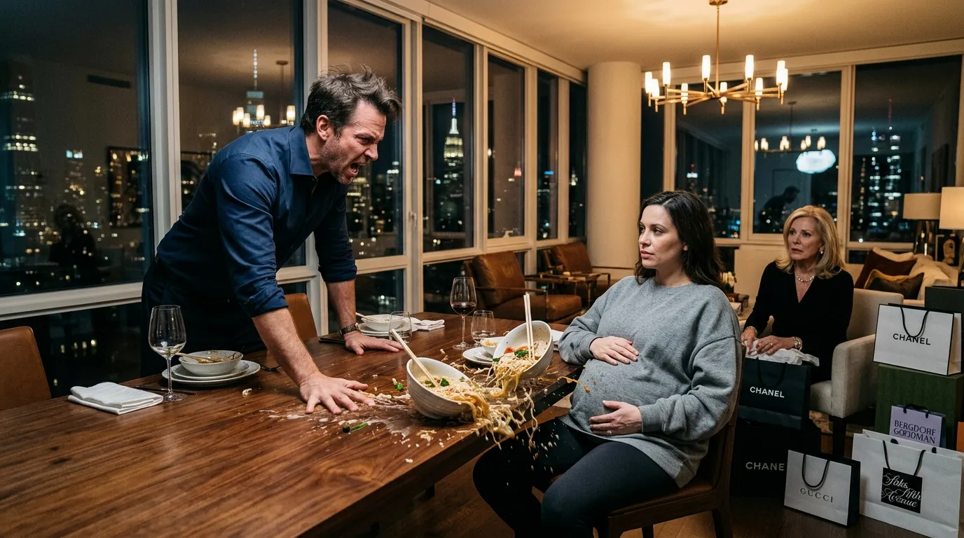 Angry husband slamming hand on dining table while his pregnant wife watches calmly.