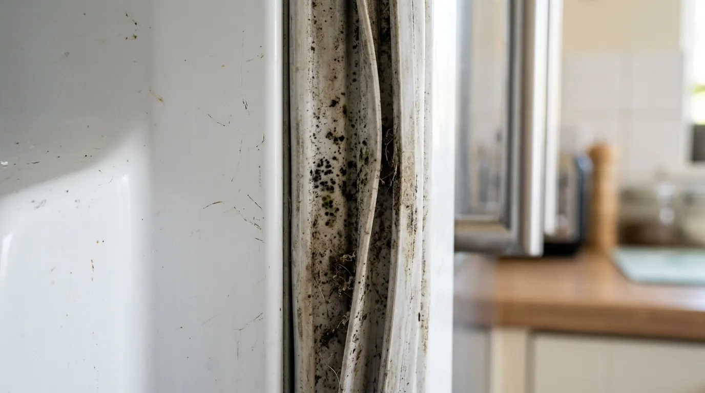 Close-up of a dirty refrigerator rubber gasket showing trapped crumbs and mold