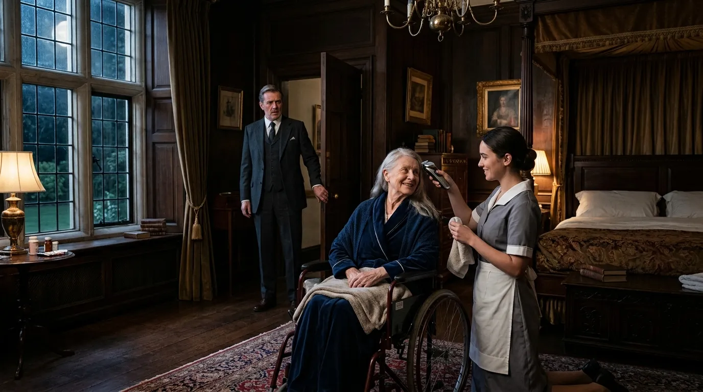 A wealthy man looking into a room where a maid is shaving an elderly woman's head