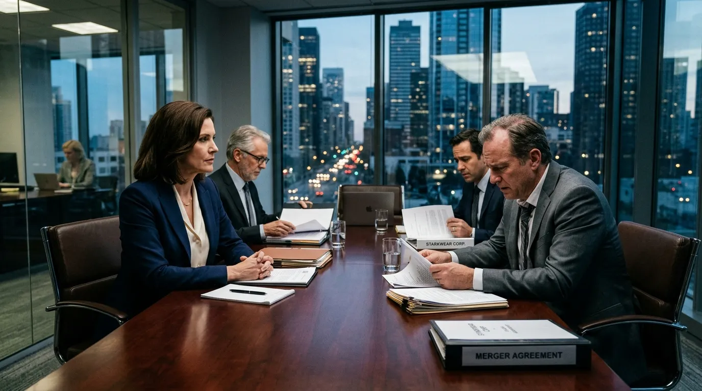 A tense meeting in a modern conference room between a woman and her husband.
