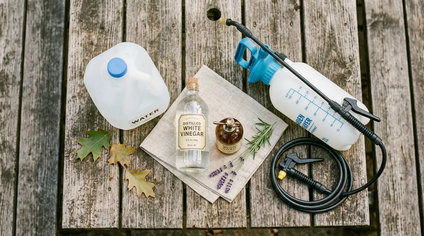Water, white vinegar, and dish soap on a wooden table