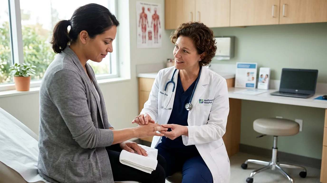 A doctor examining a patient's hand wound in a clinic