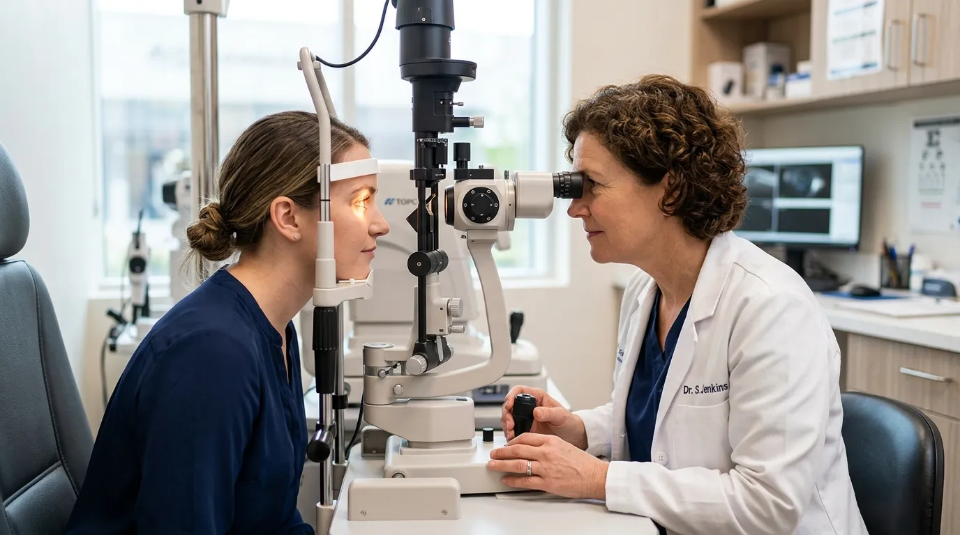 Optometrist examining a female patient's eye with a slit lamp.
