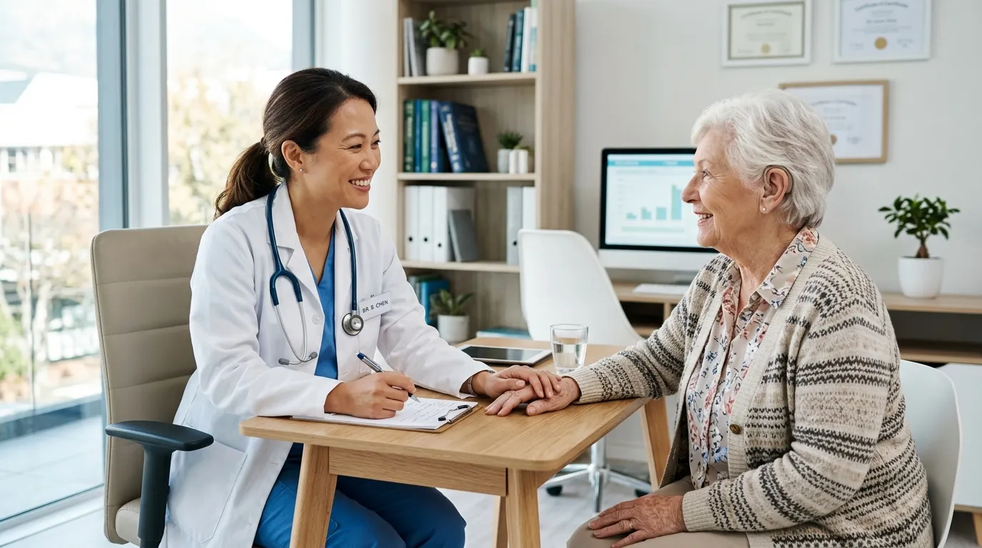 A compassionate doctor smiling and talking with an elderly patient in a modern clinic