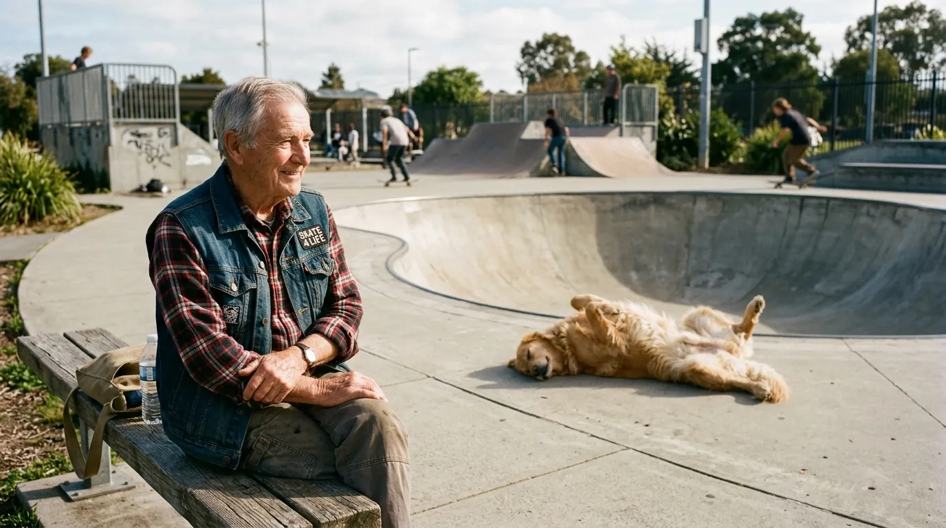 An older man on a wooden bench watching a large dog sleep peacefully in the middle of a skate park bowl