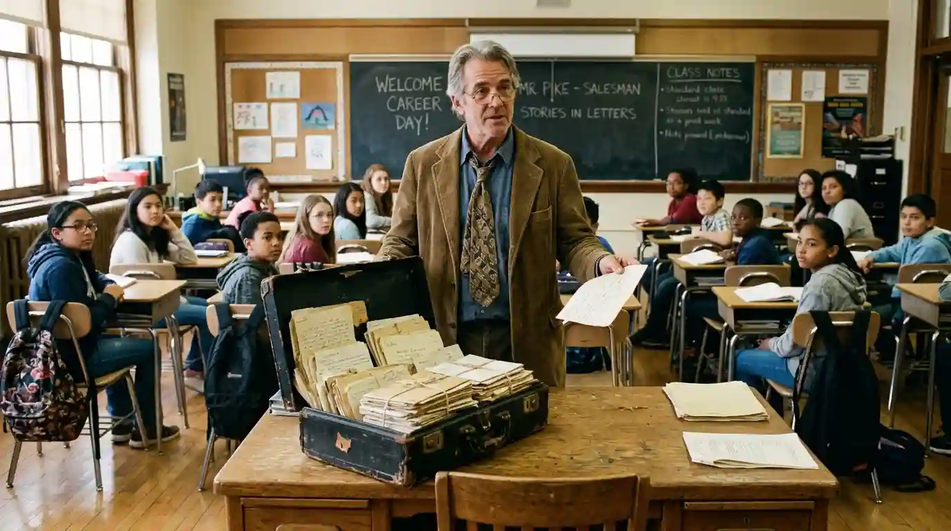 Old salesman in a faded coat opening a battered briefcase full of letters in a classroom