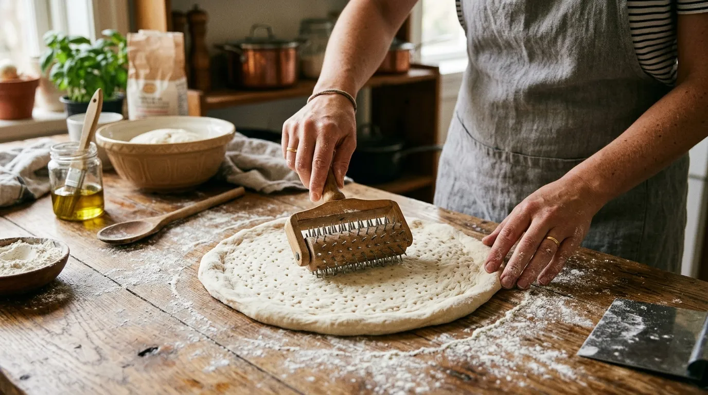 Pizza chef using a dough docker tool to poke small holes in pizza dough