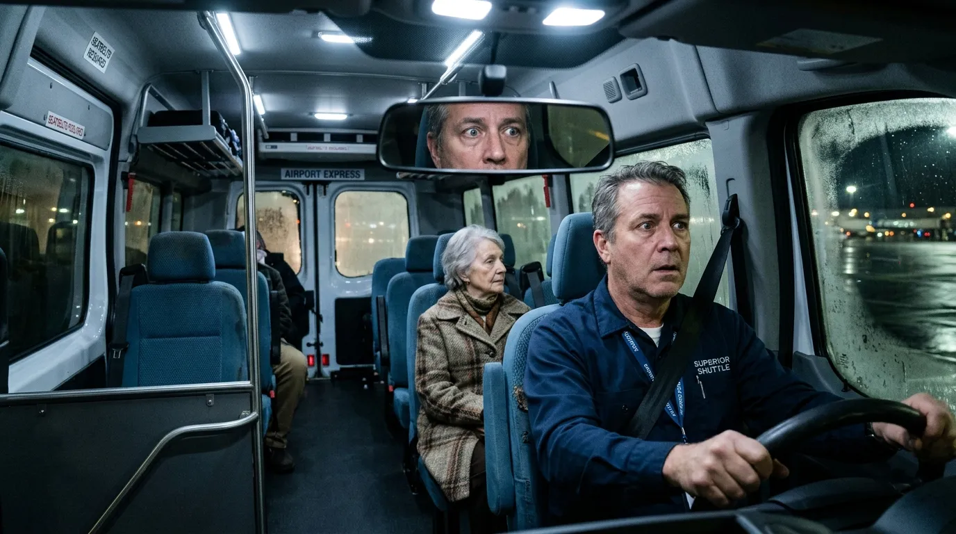 Shuttle driver looking concerned while talking to an elderly passenger