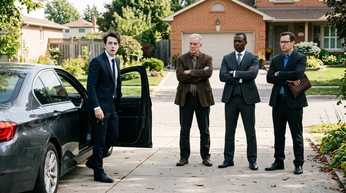 Ryan looking shocked as he steps out of his car to face Emma's father, a lawyer, and an accountant