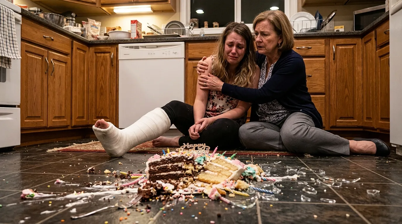 A smashed layered birthday cake on a kitchen floor among shards of a glass stand, with a woman in a cast sitting on the floor being held by an older woman.