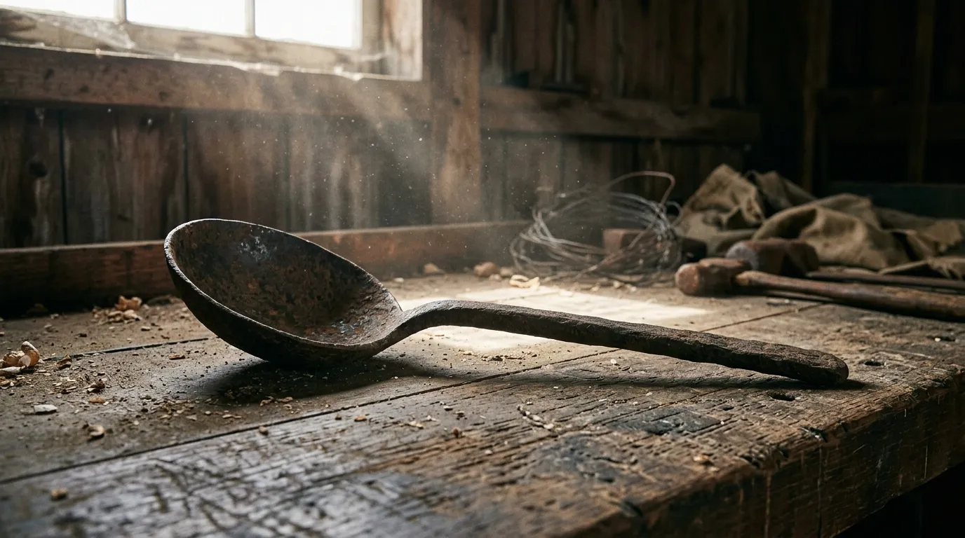 A heavy, rusted cast-iron spoon resting on a dusty wooden workbench