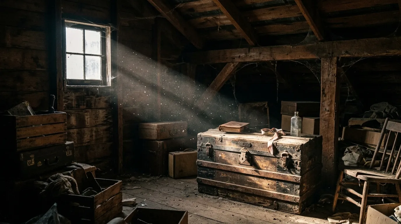 A dusty, shadowed attic with a single shaft of light illuminating an old cedar chest