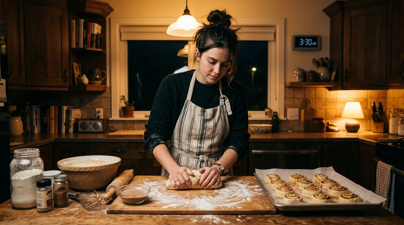 Woman baking early in the morning in a warmly lit kitchen
