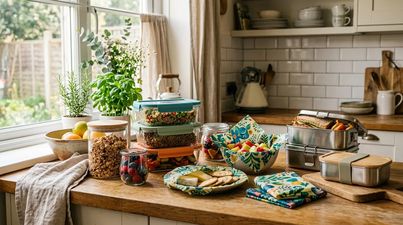 A sunny kitchen counter featuring glass containers, beeswax wraps, and stainless steel boxes.