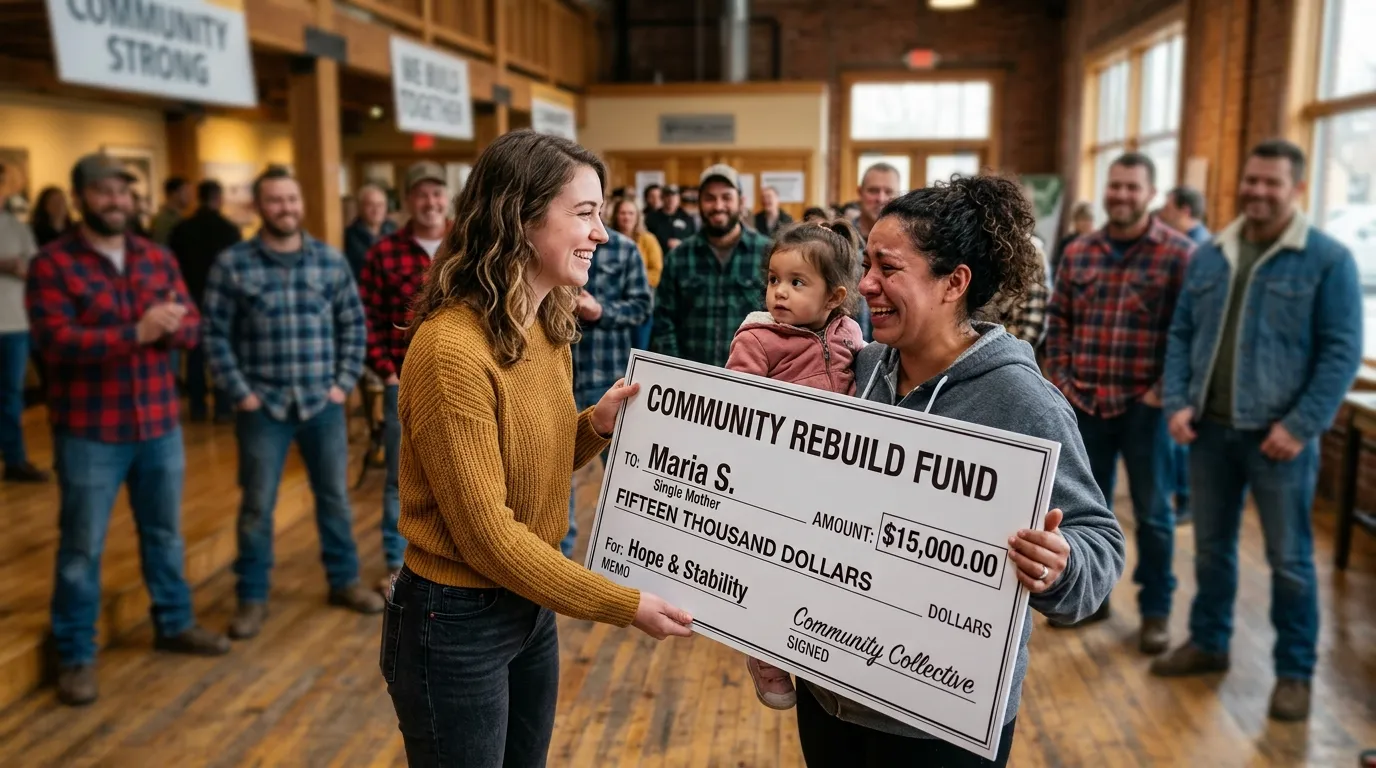 A young woman presenting a check to a single mother at a community center.