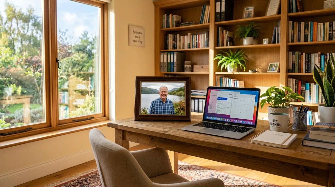 A bright, welcoming office space that used to be a home study. A framed photo of a smiling elderly man by a lake sits on the desk. Sun streams through the window.