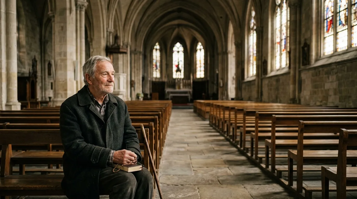 Elderly man sitting peacefully in the back pew of an empty church