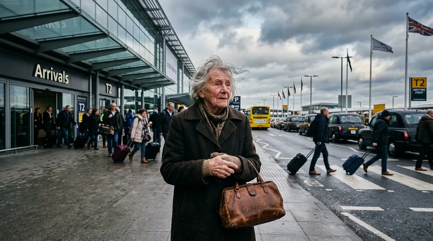 Elderly mother standing at an airport curb holding a brown purse