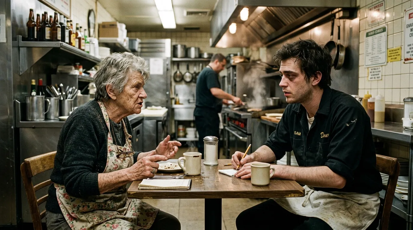 An elderly woman talking to a tired young diner waiter across a small kitchen table.