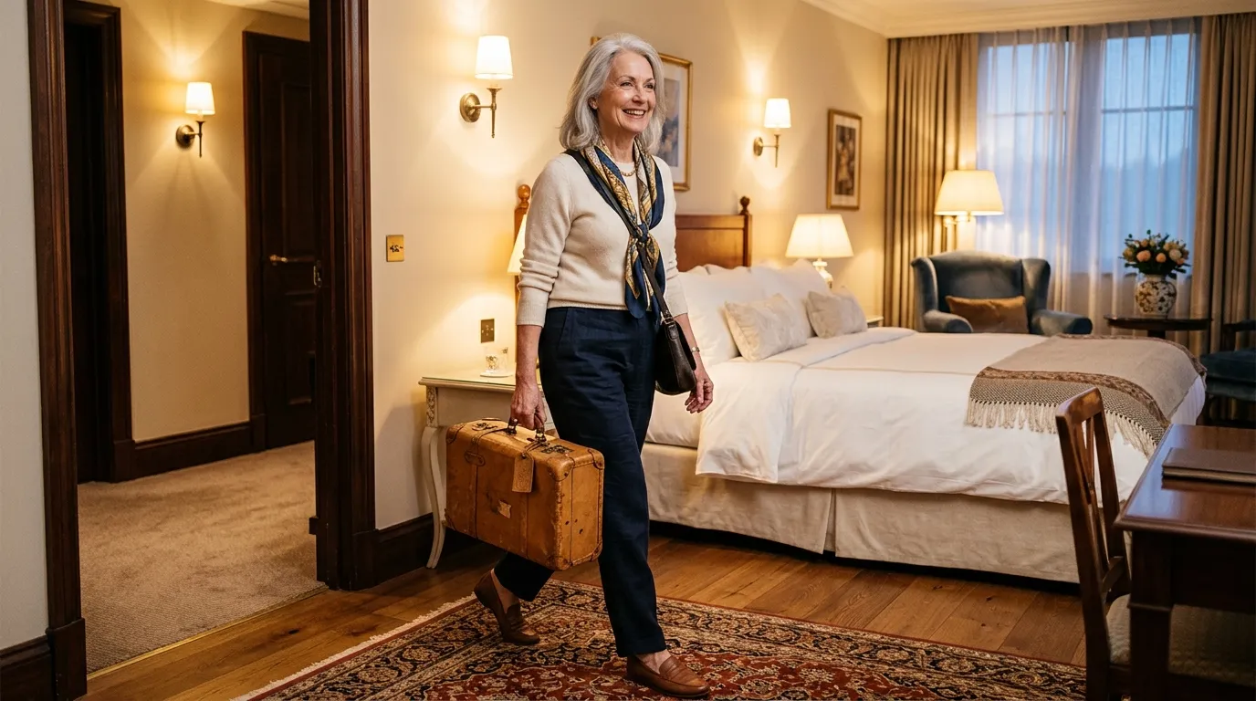 73-year-old Eleanor arriving in a cozy hotel room with her vintage suitcase