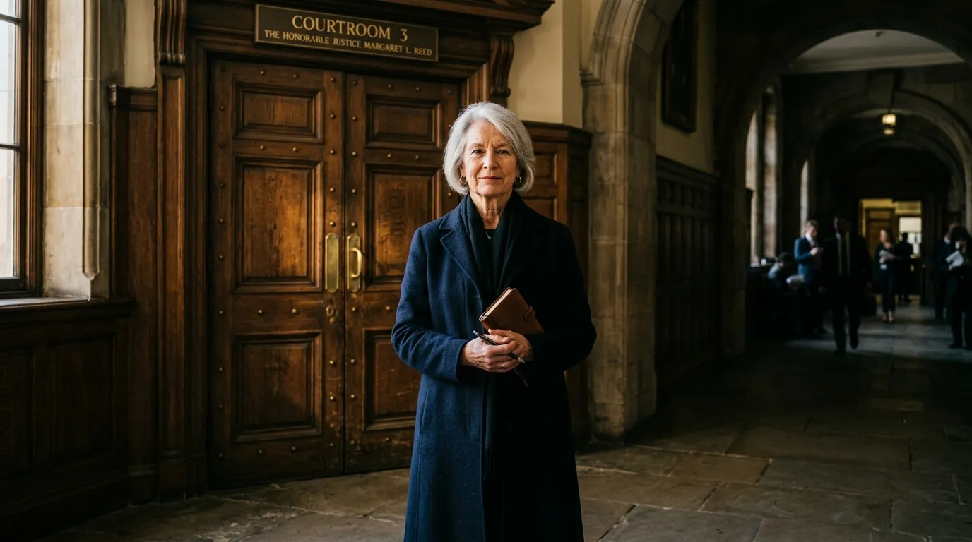 A 71-year-old woman with silver hair, wearing a simple navy coat, standing confidently in front of heavy oak courtroom doors.