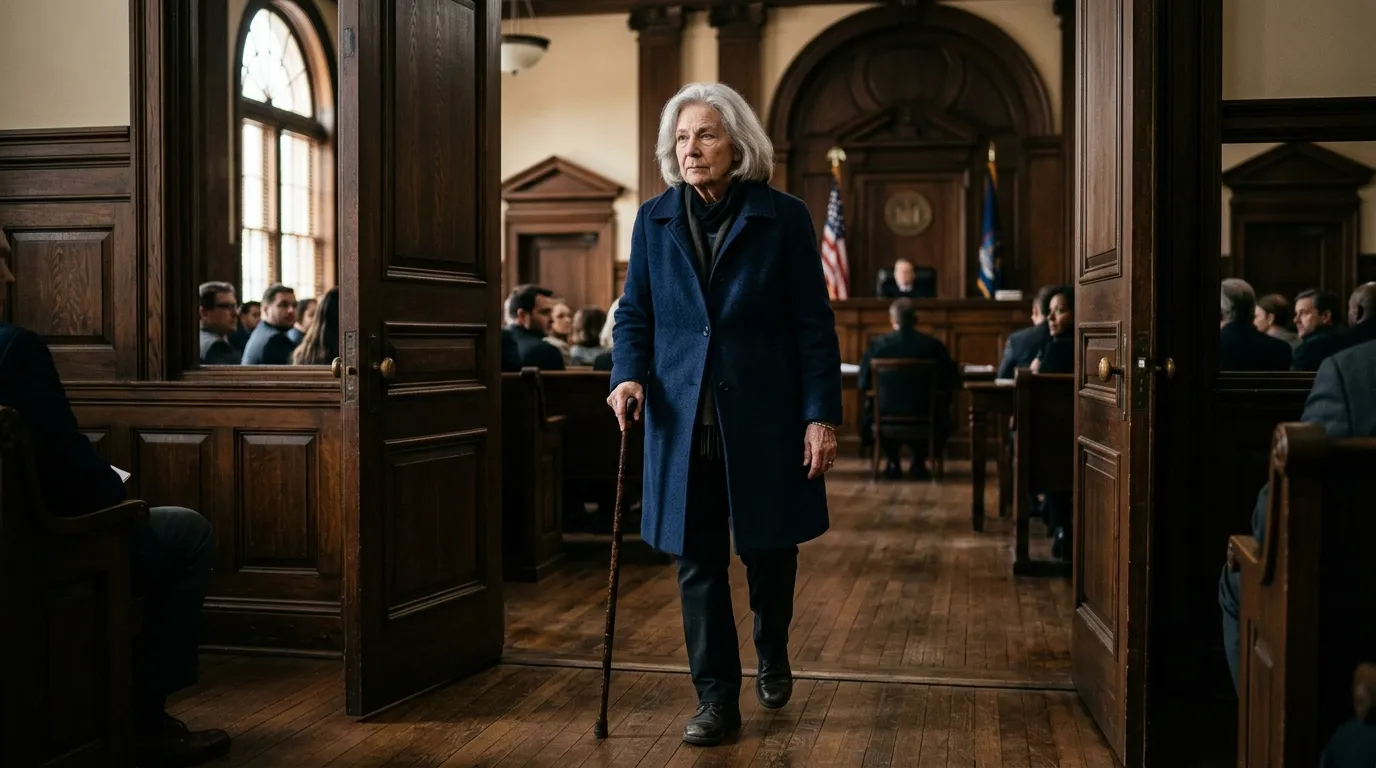 Elderly woman with silver hair and a cane walking into a wood-paneled courtroom
