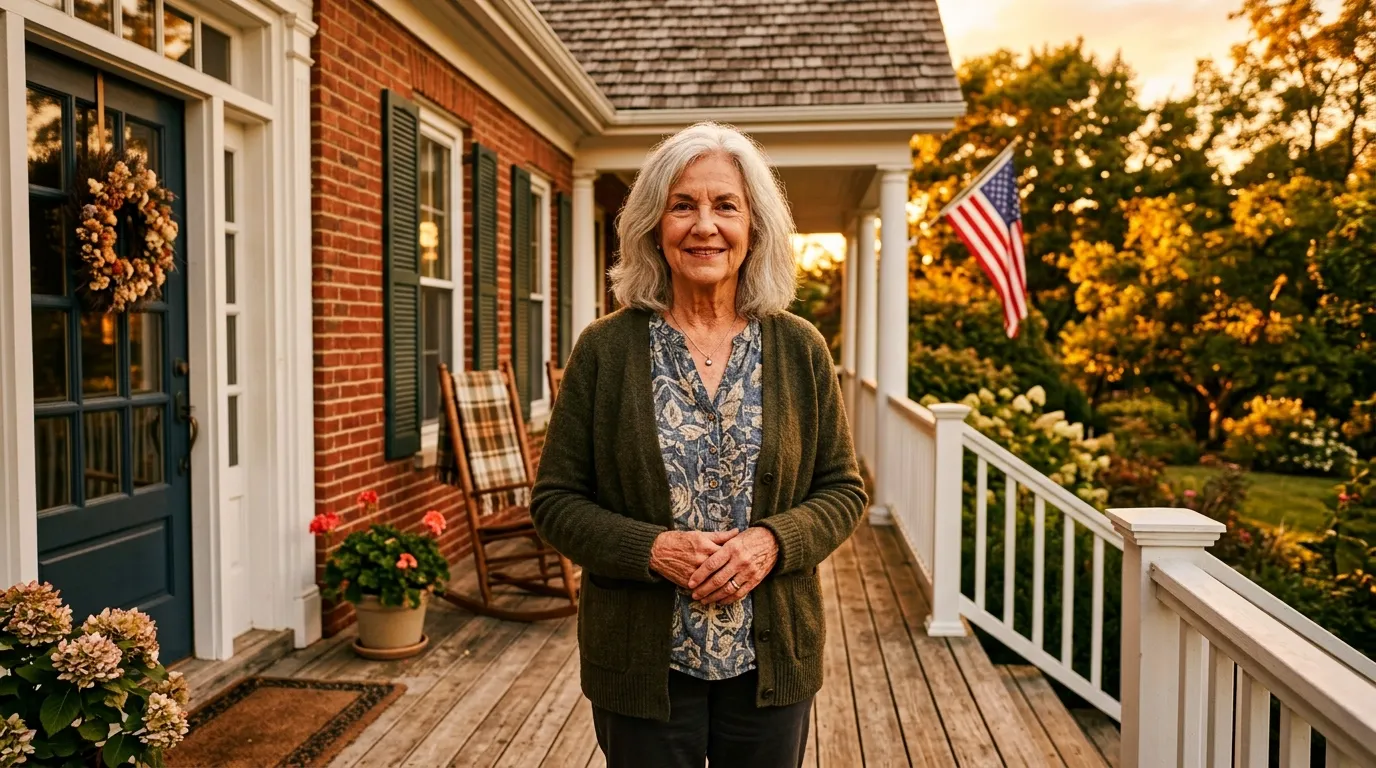 Elderly woman standing confidently on the porch of her home