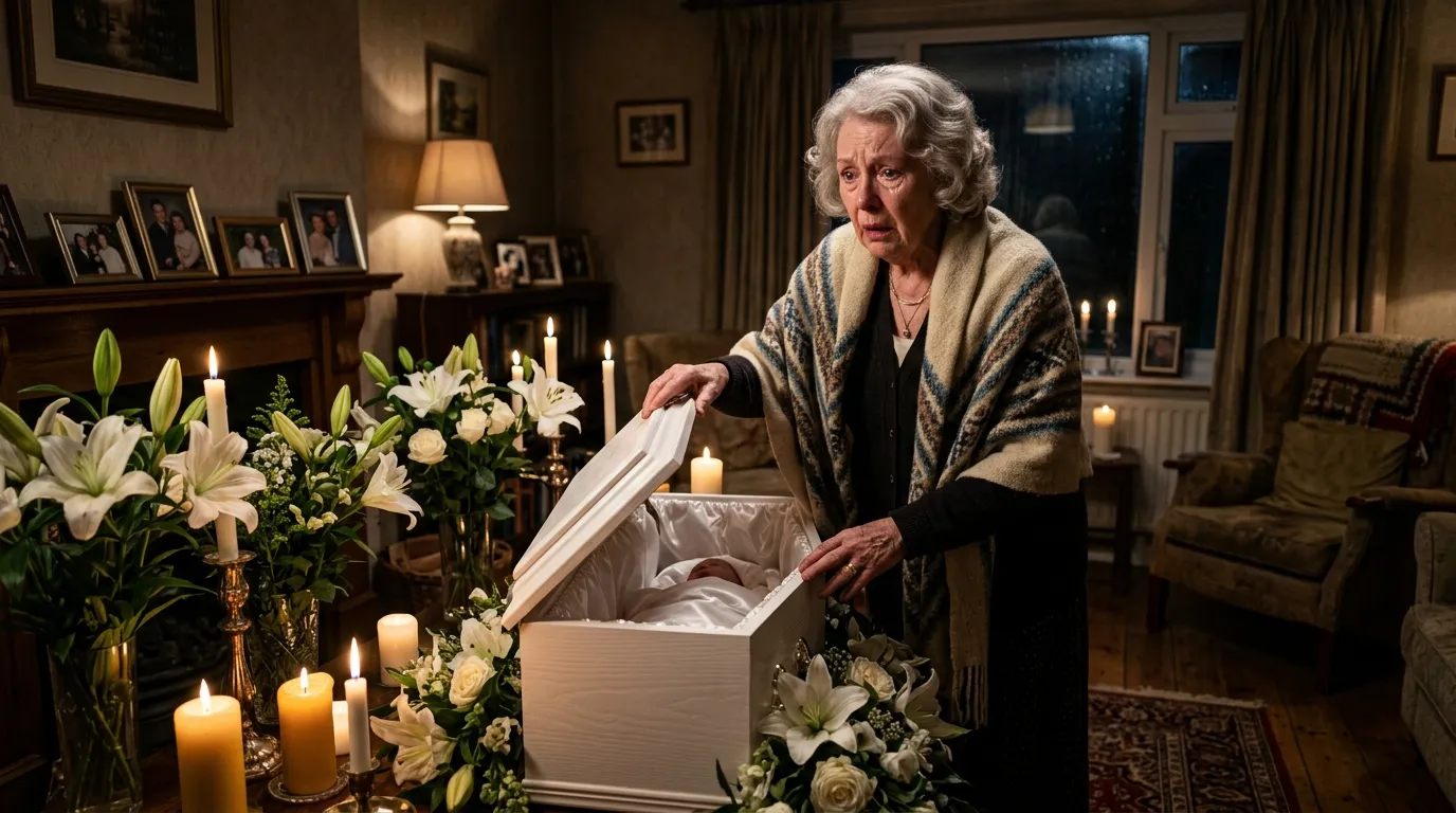 Eleanor Vance lifting the lid of a small white casket in a dimly lit living room to find her granddaughter alive.