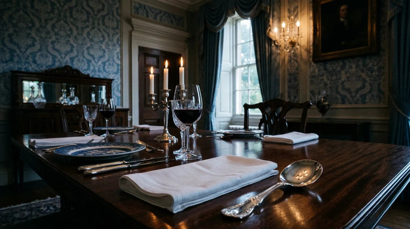 An elegant blue and white dining room with a table set for three, featuring a prominent silver serving spoon next to folded napkins.