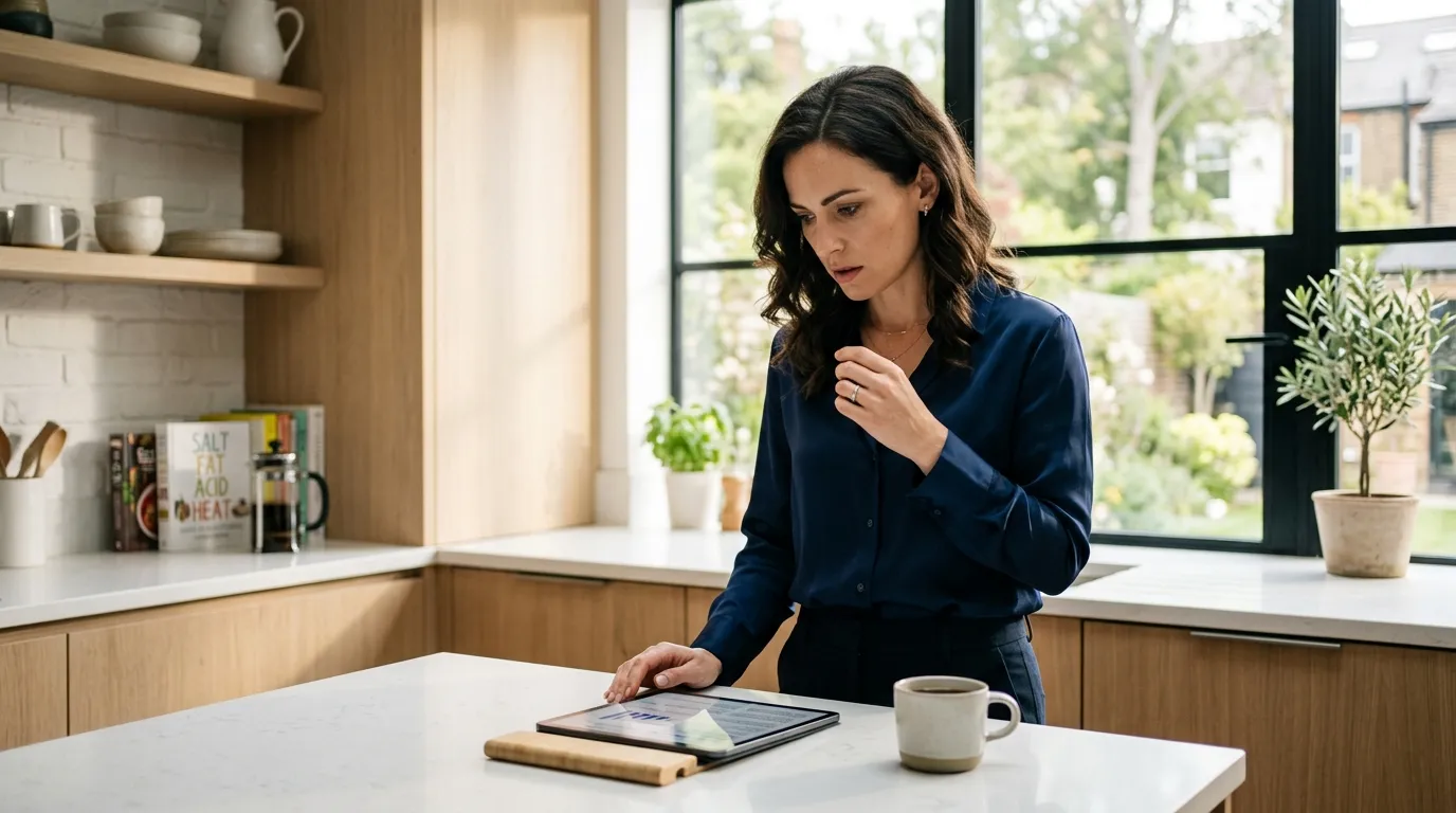 A woman in a modern kitchen looking intently at a tablet screen.