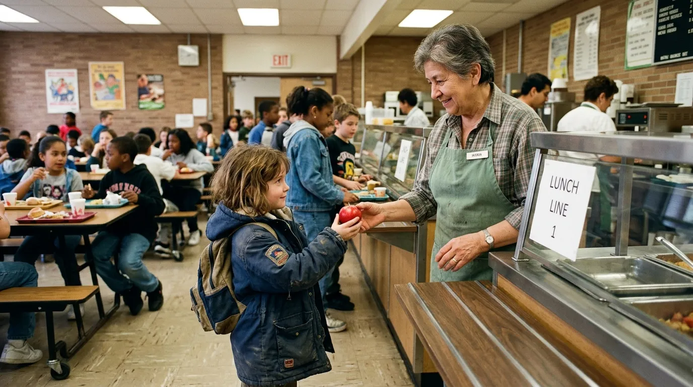 Cafeteria worker Elias handing a bright red apple to little Coraline in her oversized coat